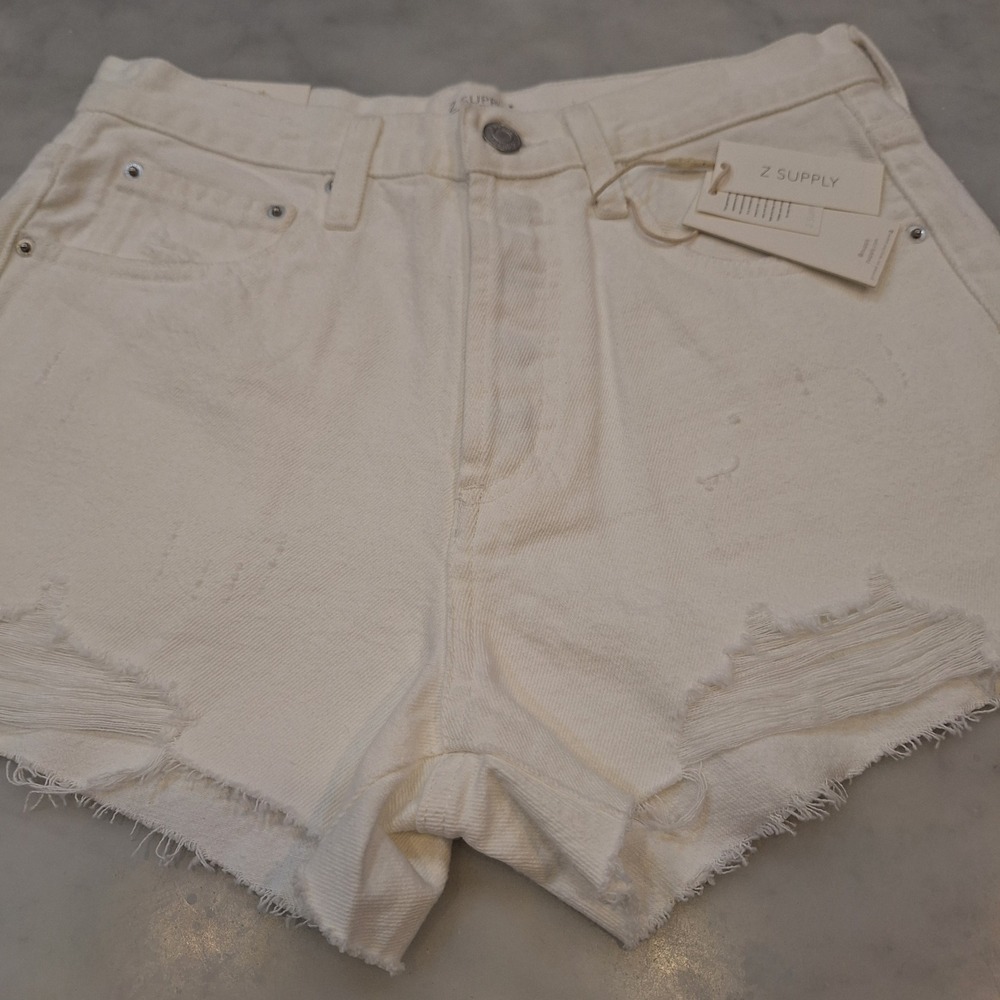 New ZSupply Denim Shorts Sz 26 White High Rise Distressed Raw Hem Summer Jorts